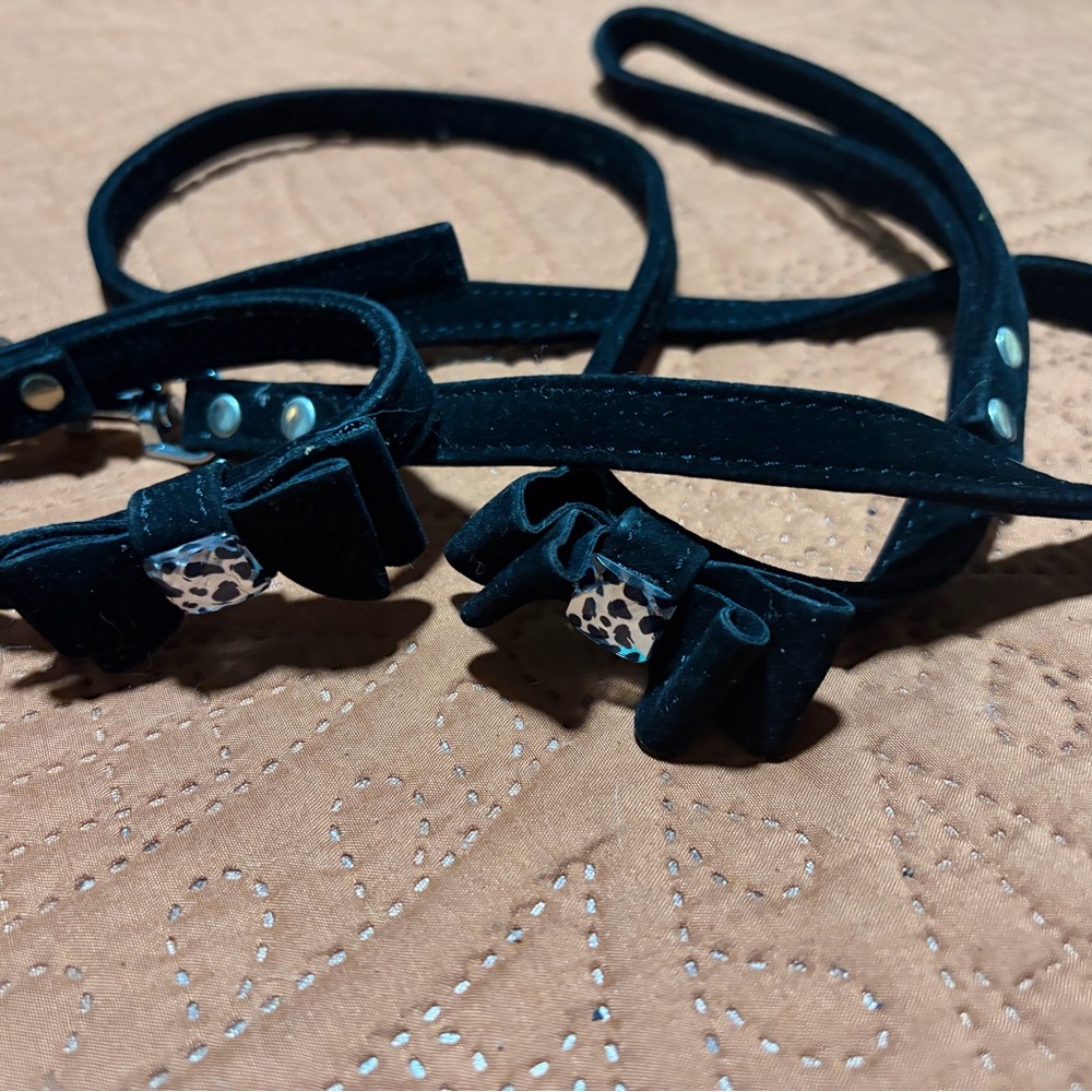 Black Suede Dog Leash & Collar Set • Bow & Charm • 47” Leash • 15” Collar